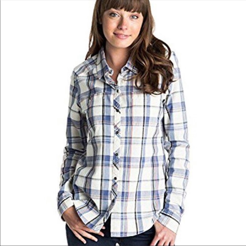 Roxy blue & white plaid button down shirt, large